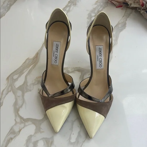 Jimmy Choo Cream and Brown Women's Heels - Picture 1 of 6